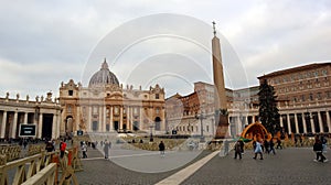 Vatican - Saint Peter square at Christmas with 2022 Nativity sceneÃÂ and Christmas tree in front of St. Peter's Basilica